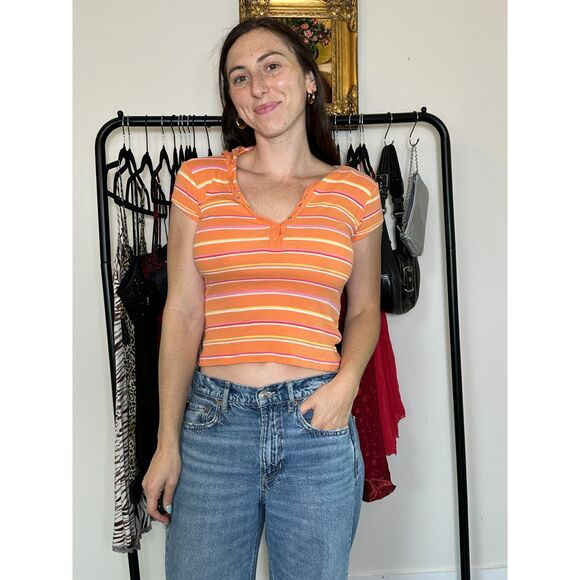 Y2K Union Bay 100% Cotton Orange Striped Hoodied Crop Baby T Size M - Picture 2 of 6